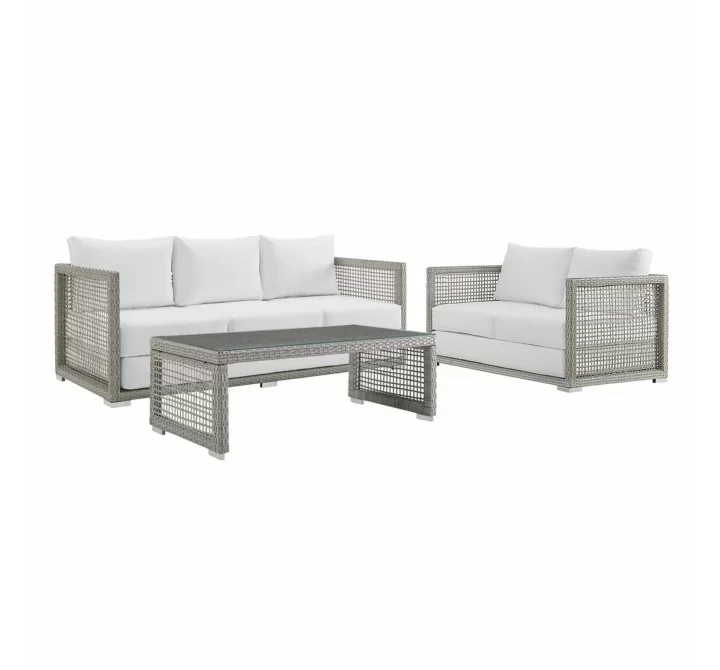 Modway Aura 3 Piece Outdoor Patio Wicker Rattan Set - Gray White - Set in Front