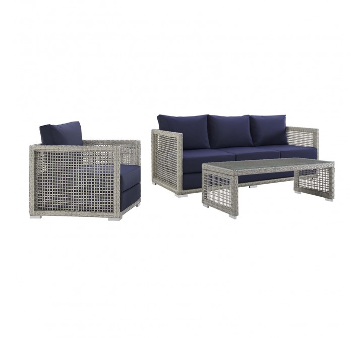 Modway Aura 3 Piece Outdoor Patio Wicker Rattan Set - Gray Navy - Set in Front Side Angle