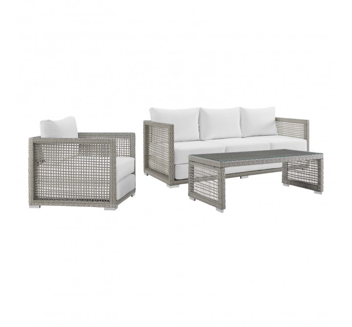 Modway Aura 3 Piece Outdoor Patio Wicker Rattan Set - Gray White - Set in Front Side Angle