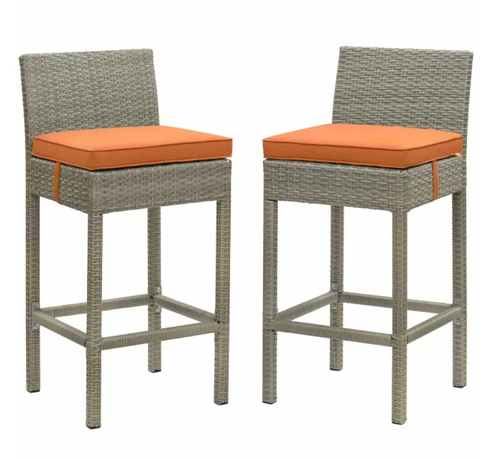 Modway Conduit Bar Stool Outdoor Patio Wicker Rattan in Light Gray Orange - Set of Two - Set in Front Angle