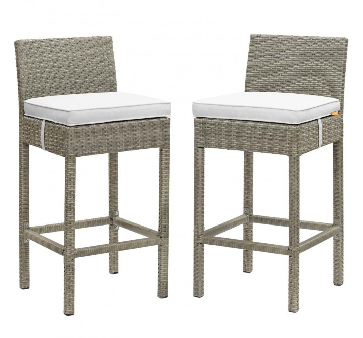 Modway Conduit Bar Stool Outdoor Patio Wicker Rattan in Light Gray White - Set in Front Side Angle