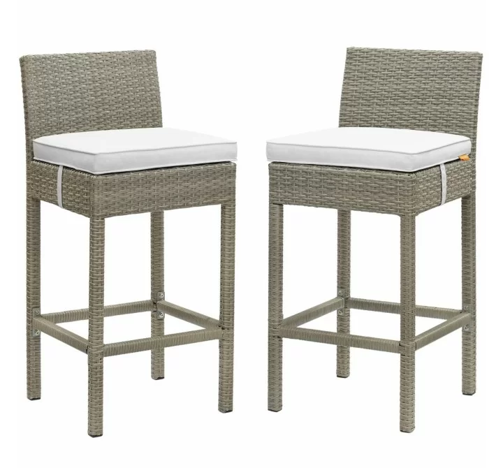Modway Conduit Bar Stool Outdoor Patio Wicker Rattan in Light Gray White - Set in Front Side Angle