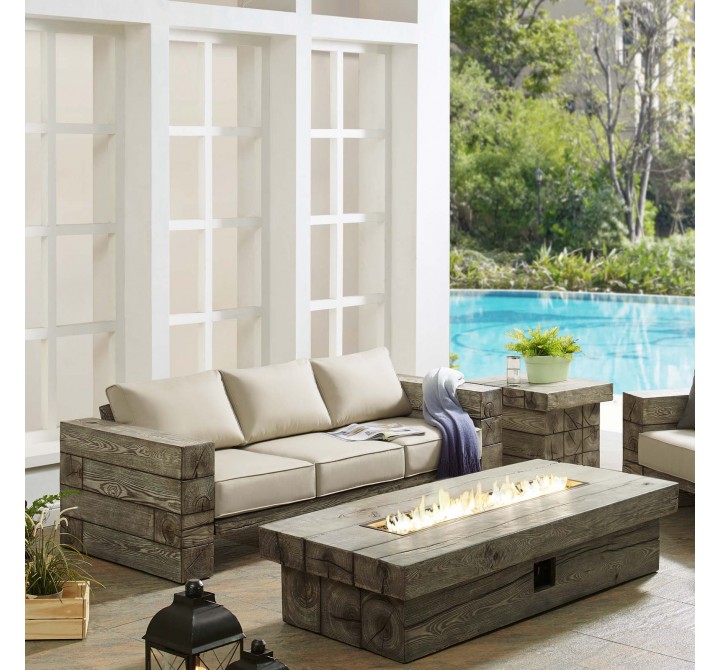 Modway Manteo Rustic Coastal Outdoor Patio Sunbrella® Sofa and Fire Pit Set - Light Gray Beige - Lifestyle