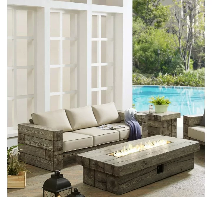 Modway Manteo Rustic Coastal Outdoor Patio Sunbrella® Sofa and Fire Pit Set - Light Gray Beige - Lifestyle