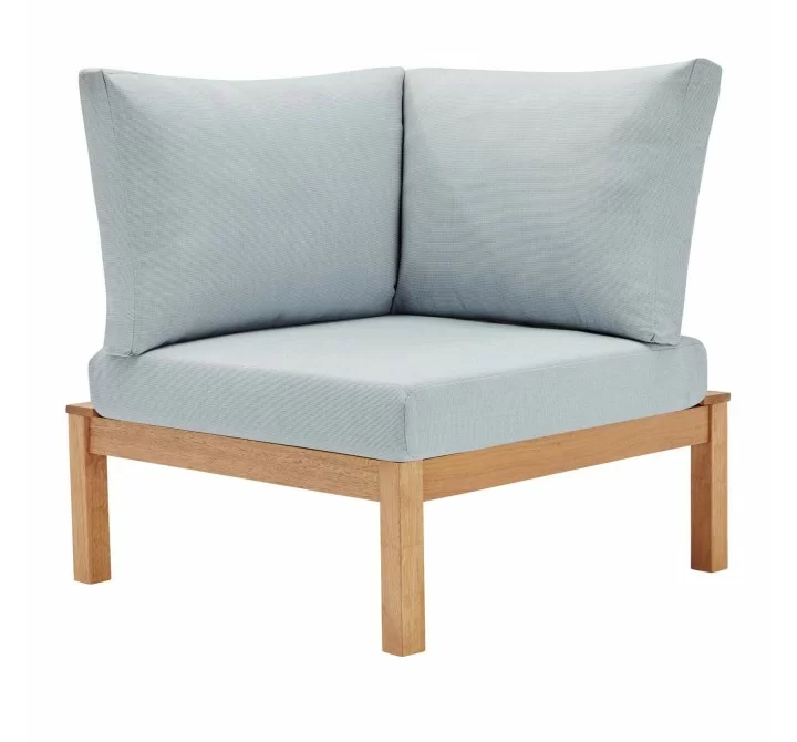 Modway Freeport Karri Wood Sectional Sofa Outdoor Patio Corner Chair - Natural Light Blue - Front Angle