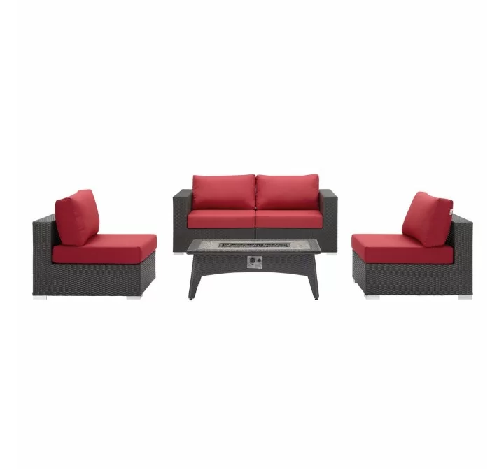 Modway Convene 5 Piece Set Outdoor Patio with Fire Pit - Espresso Red - Set in Front Angle