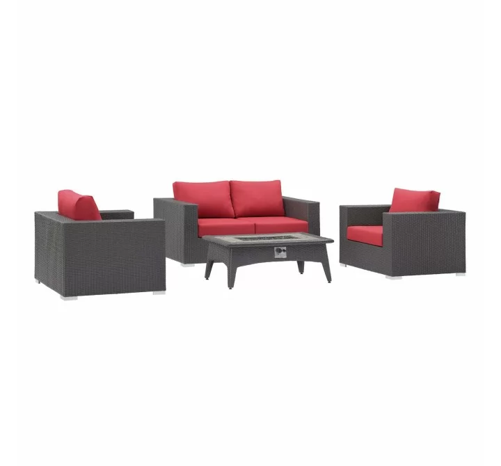 Modway Convene 4 Piece Set Outdoor Patio with Fire Pit - Espresso Red - Set in Front Side Angle