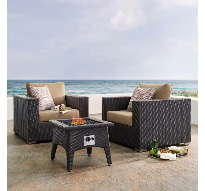 Modway Convene 3 Piece Set Outdoor Patio with Fire Pit in Espresso Mocha - Lifestyle