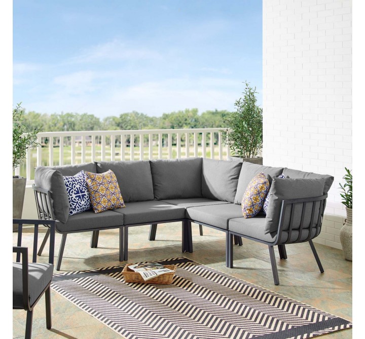 Modway Riverside 5 Piece Outdoor Patio Aluminum Sectional - Gray Charcoal - Lifestyle