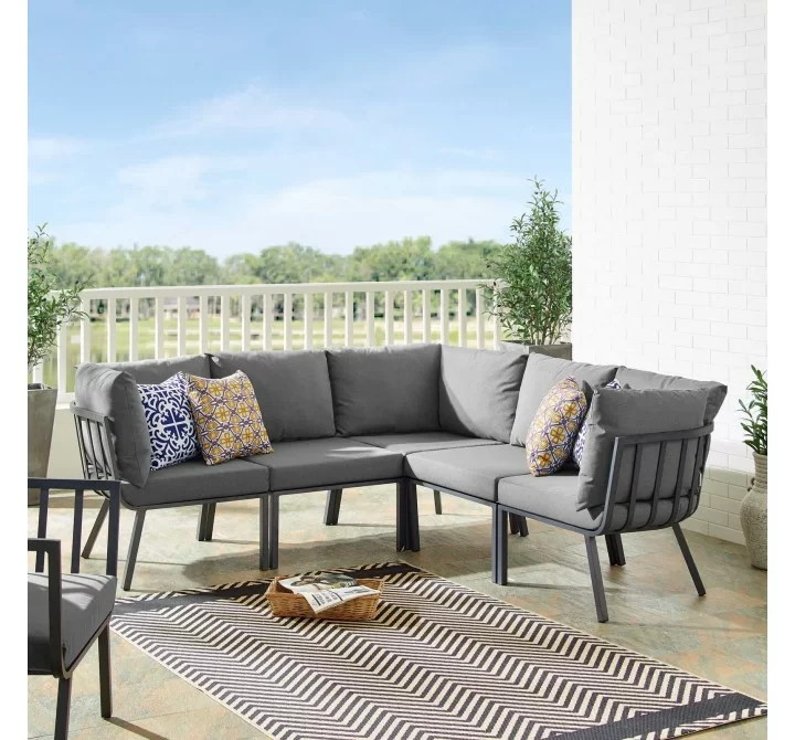 Modway Riverside 5 Piece Outdoor Patio Aluminum Sectional - Gray Charcoal - Lifestyle