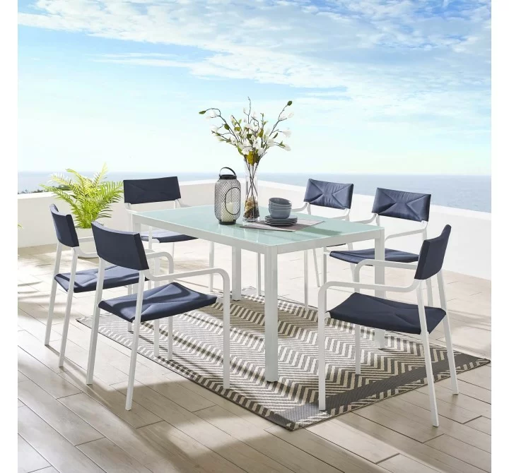 Modway Raleigh 7 Piece Outdoor Patio Aluminum Dining Set in White Navy - Lifestyle