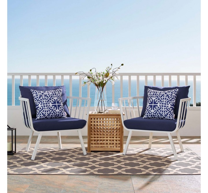 Riverside Outdoor Patio Aluminum Armchair in White Navy - Lifestyle