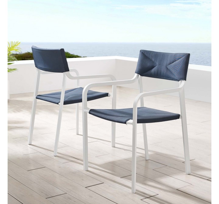 Modway Raleigh Outdoor Patio Aluminum Armchair in White Navy - Set of Two - Lifestyle