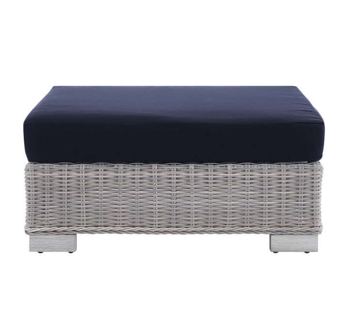 Modway Conway Sunbrella® Outdoor Patio Wicker Rattan Ottoman in Light Gray Navy - Front Angle