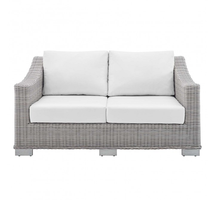 Modway Conway Sunbrella® Outdoor Patio Wicker Rattan Loveseat - Light Gray White - Front Angle