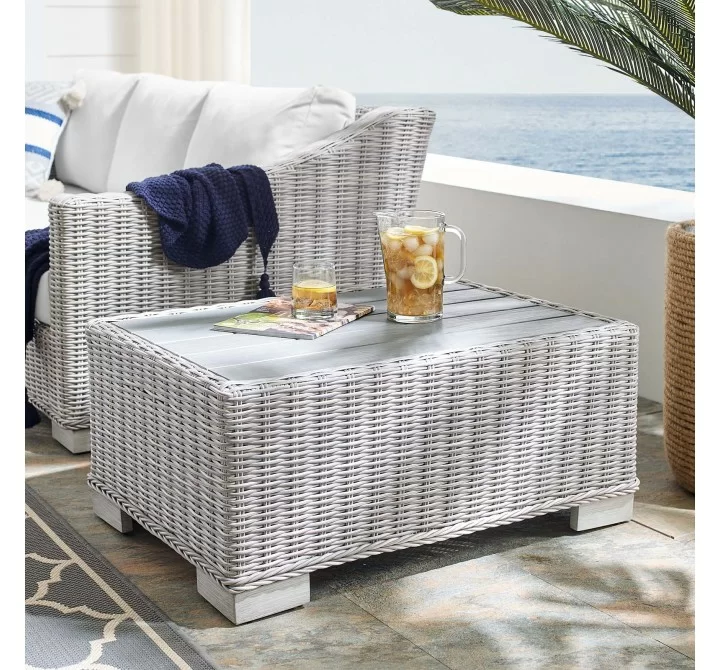 Modway Conway Outdoor Patio Wicker Rattan Coffee Table in 32"/45'' - Light Gray - Lifestyle
