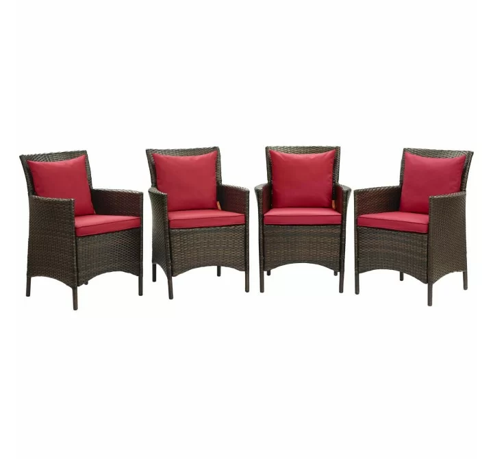 Modway Conduit Outdoor Patio Wicker Rattan Dining Armchair in Brown Red - Set of Four - Set in Front Angle