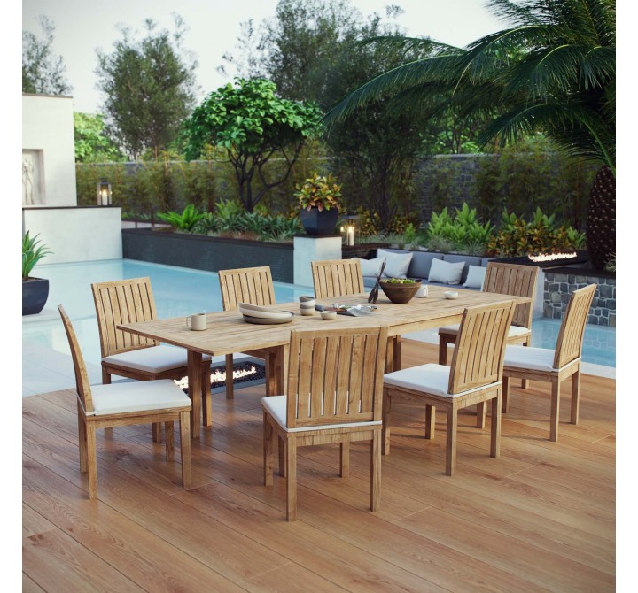 Modway Marina 9 Piece Outdoor Patio Teak Dining Set - Natural White - Lifestyle