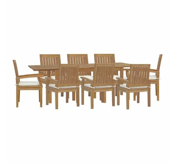 Modway Marina 9 Piece Outdoor Patio Teak Dining Set - Natural White - Set in Front Side Angle