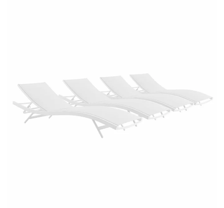 Modway Glimpse Outdoor Patio Mesh Chaise Lounge in White White - Set of Four - Set Reclined in Front Side Angle