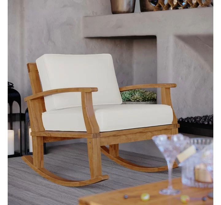 Modway Marina Outdoor Patio Teak Rocking Chair - Natural White - Lifestyle