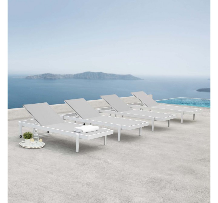 Modway Charleston Outdoor Patio Aluminum Chaise Lounge Chair in White Gray - Set of Four - Lifestyle