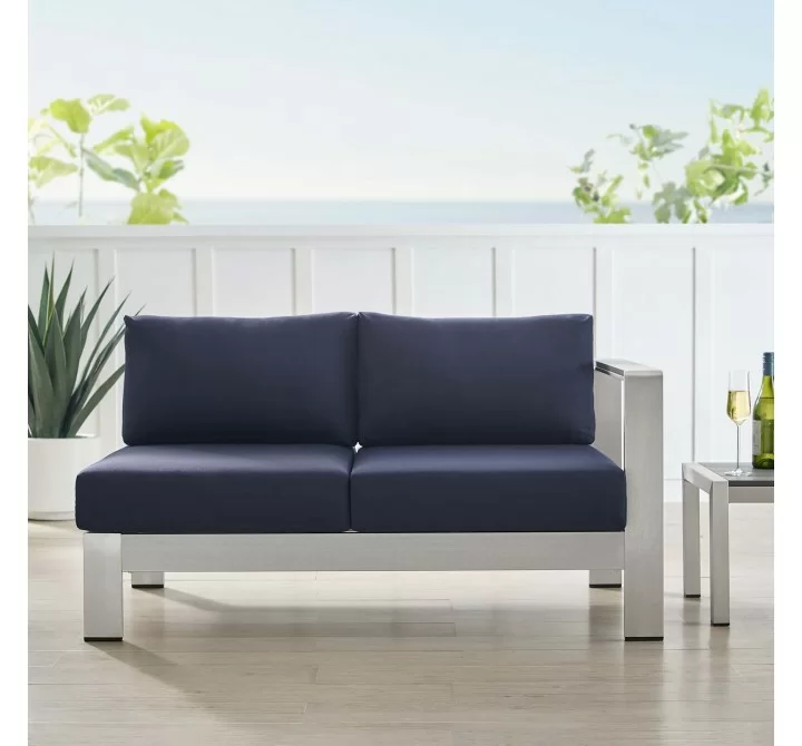 Modway Shore Sunbrella® Fabric Aluminum Outdoor Patio Right-Arm Loveseat in Silver Navy - Lifestyle