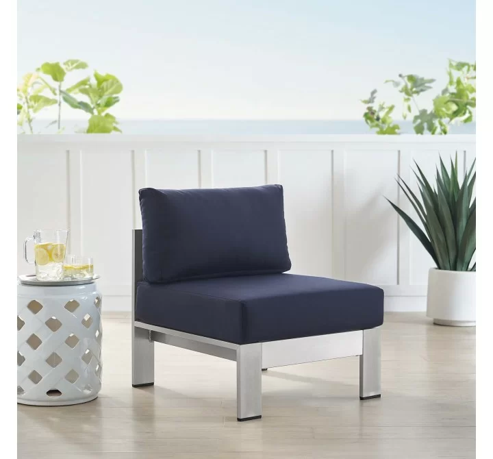 Modway Shore Sunbrella® Fabric Aluminum Outdoor Patio Armless Chair in Silver Navy - Lifestyle
