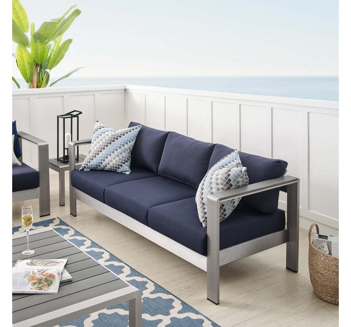 Modway Shore Sunbrella® Fabric Aluminum Outdoor Patio Sofa in Silver Navy - Lifestyle