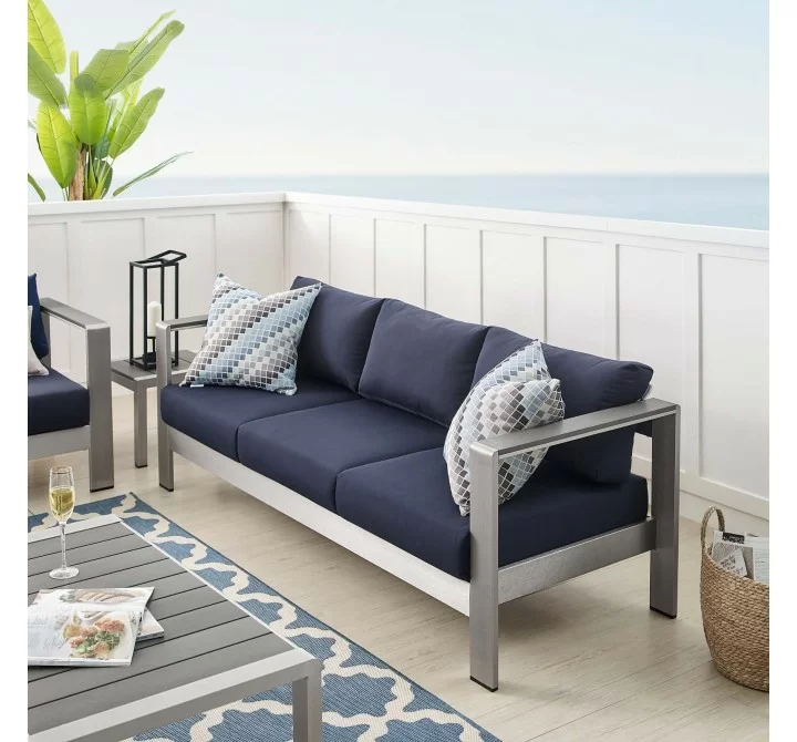 Modway Shore Sunbrella® Fabric Aluminum Outdoor Patio Sofa in Silver Navy - Lifestyle