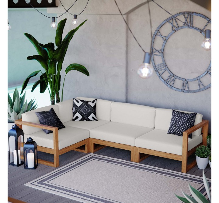 Modway Upland Outdoor Patio Teak Wood 4-Piece Sectional Sofa Set - Natural White - Lifestyle