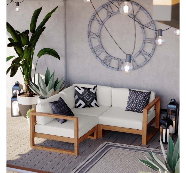 Modway Upland Outdoor Patio Teak Wood 3-Piece Sectional Sofa Set - Natural White - Lifestyle