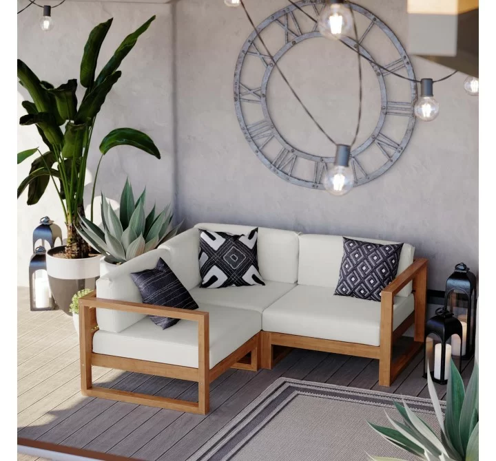 Modway Upland Outdoor Patio Teak Wood 3-Piece Sectional Sofa Set - Natural White - Lifestyle