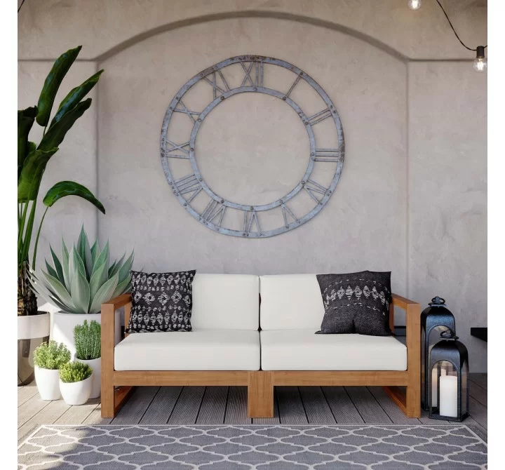 Modway Upland Outdoor Patio Teak Wood 2-Piece Sectional Sofa Loveseat - Natural White - Lifestyle