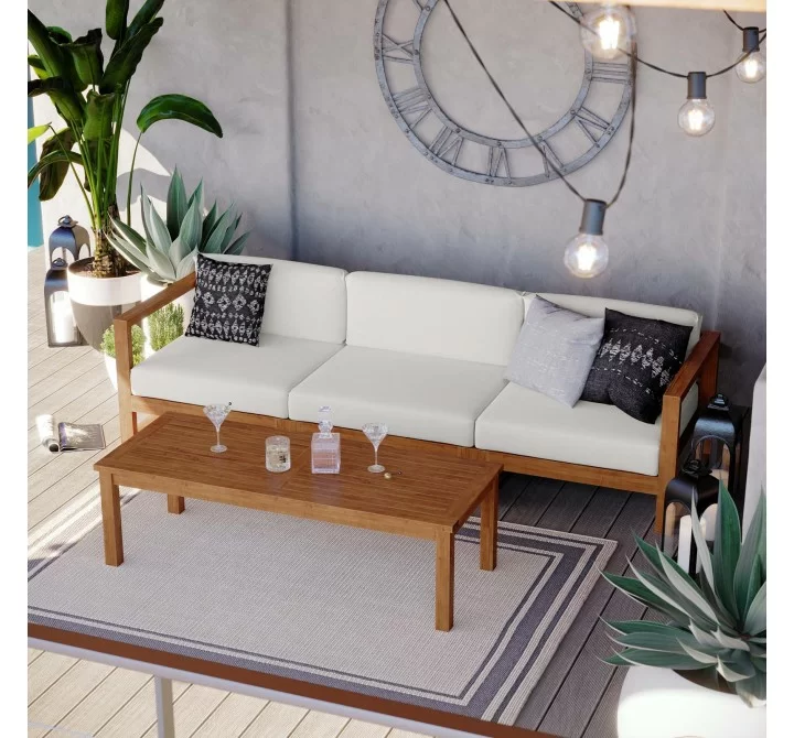 Modway Upland Outdoor Patio Teak Wood 4-Piece Furniture Set - Natural White - Lifestyle