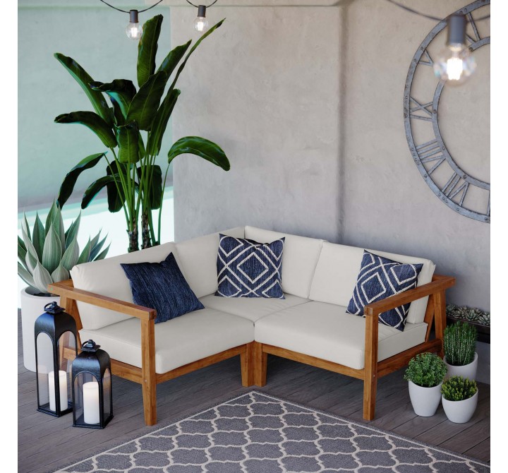 Modway Bayport Outdoor Patio Teak Wood 3-Piece Sectional Sofa Set - Natural White - Lifestyle