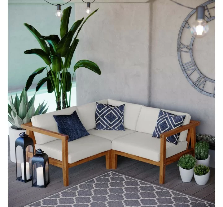 Modway Bayport Outdoor Patio Teak Wood 3-Piece Sectional Sofa Set - Natural White - Lifestyle
