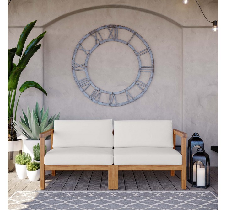 Modway Bayport Outdoor Patio Teak Wood 2-Seater Loveseat - Natural White - Lifestyle