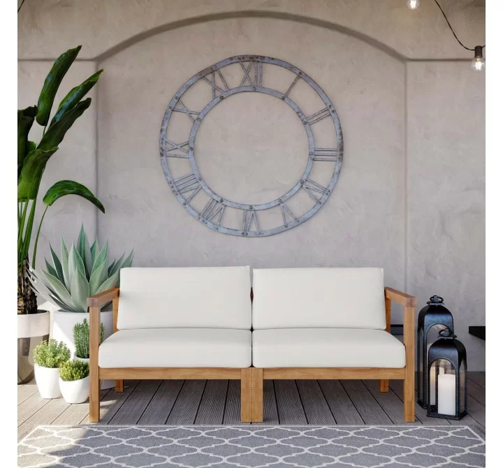 Modway Bayport Outdoor Patio Teak Wood 2-Seater Loveseat - Natural White - Lifestyle