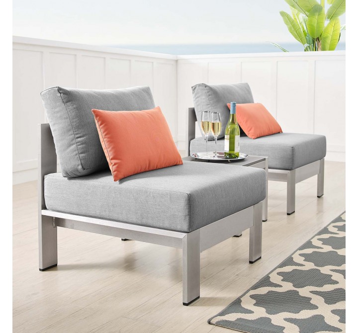 Modway Shore Sunbrella® Fabric Outdoor Patio Aluminum 3 Piece Set - Silver Gray - Lifestyle