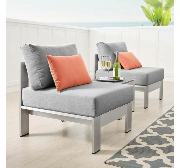 Modway Shore Sunbrella® Fabric Outdoor Patio Aluminum 3 Piece Set - Silver Gray - Lifestyle