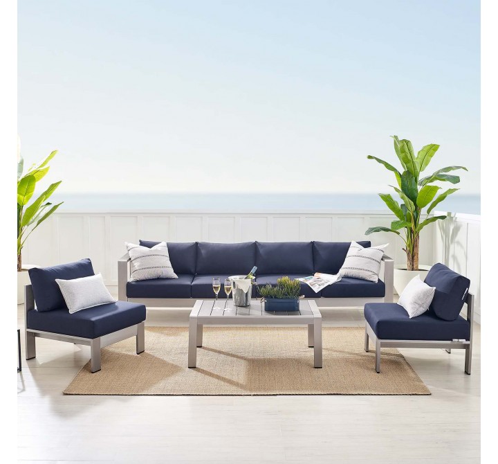 Modway Shore Sunbrella® Fabric Outdoor Patio Aluminum 5 Piece Sectional Sofa Set - Silver Navy -  Lifestyle