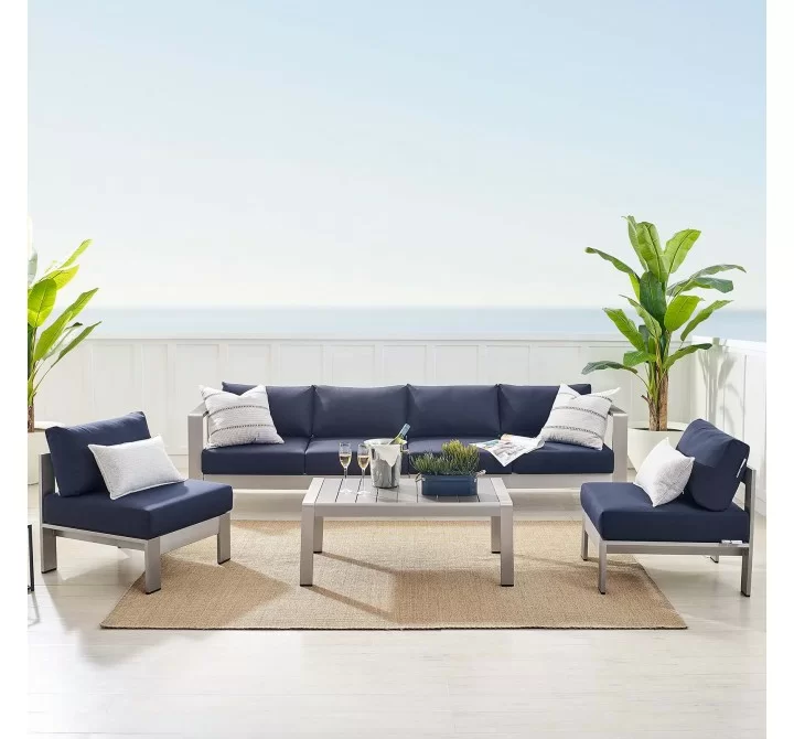 Modway Shore Sunbrella® Fabric Outdoor Patio Aluminum 5 Piece Sectional Sofa Set - Silver Navy -  Lifestyle