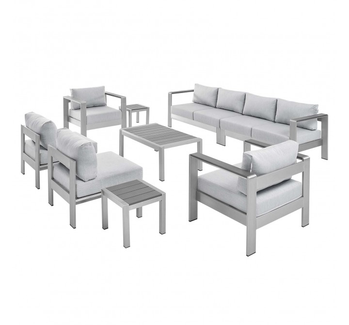 Modway Shore Sunbrella® Fabric Outdoor Patio Aluminum 9 Piece Sectional Sofa Set - Silver Gray - Set in Front Side Angle