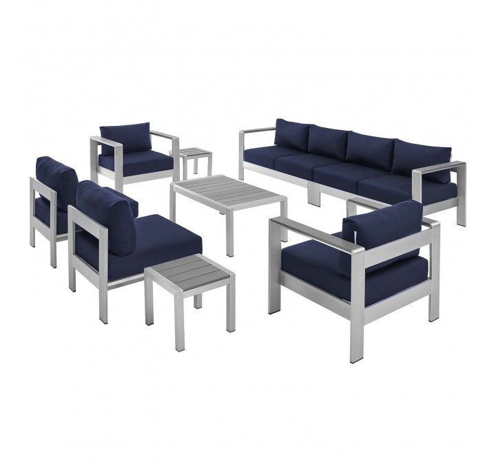 Modway Shore Sunbrella® Fabric Outdoor Patio Aluminum 9 Piece Sectional Sofa Set - Silver Navy - Set in Front Side Angle