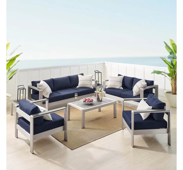 Modway Shore Sunbrella® Fabric Outdoor Patio Aluminum 7 Piece Set - Silver Navy - Lifestyle