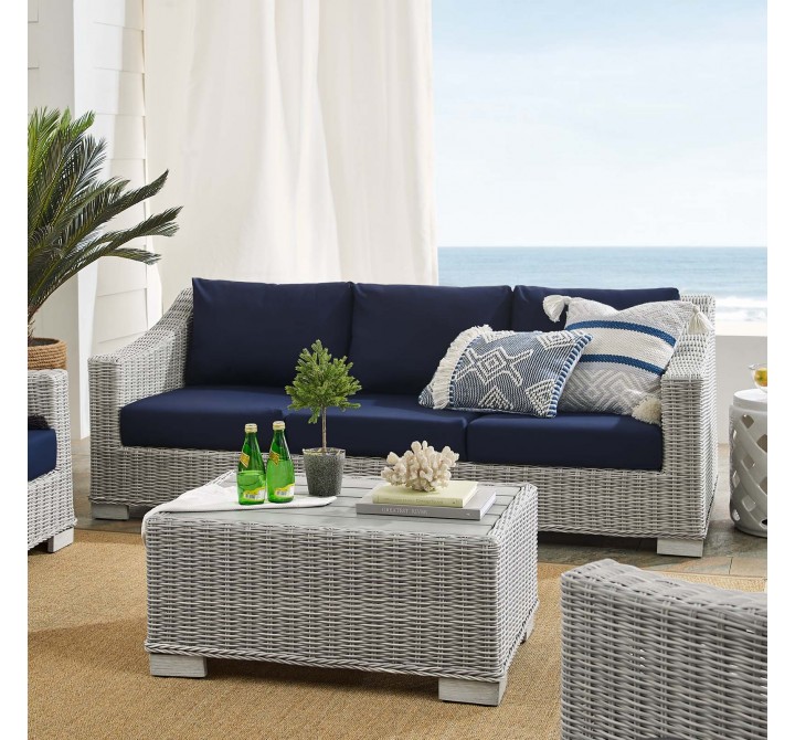 Modway Conway Sunbrella® Outdoor Patio Wicker Rattan 4-Piece Furniture Set in Light Gray Navy - Lifestyle