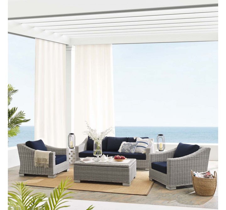 Modway Conway Sunbrella® Outdoor Patio Wicker Rattan 4-Piece Furniture Set in Light Gray Navy - Lifestyle