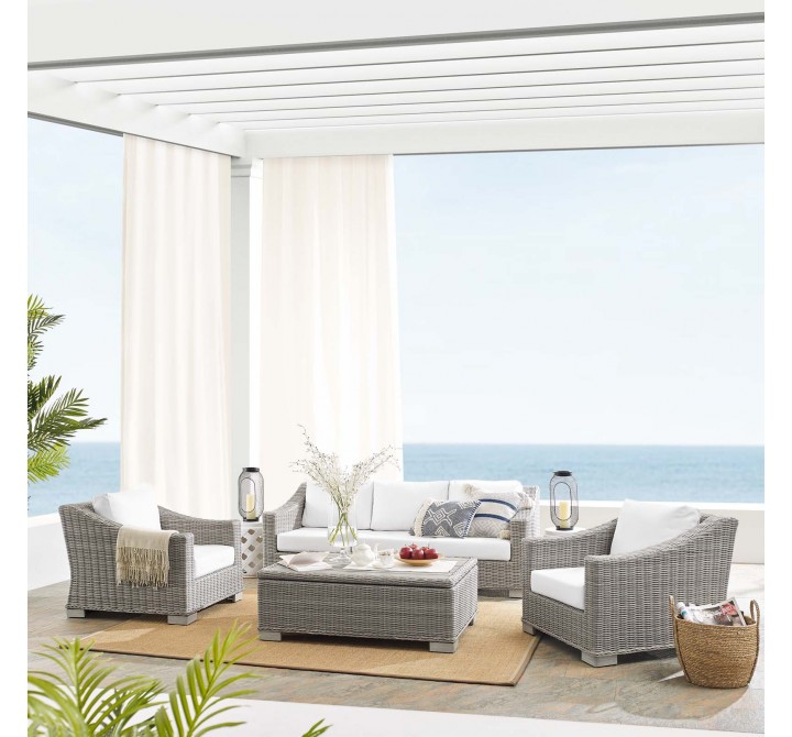 Modway Conway Sunbrella® Outdoor Patio Wicker Rattan 4-Piece Furniture Set - Light Gray White - Lifestyle