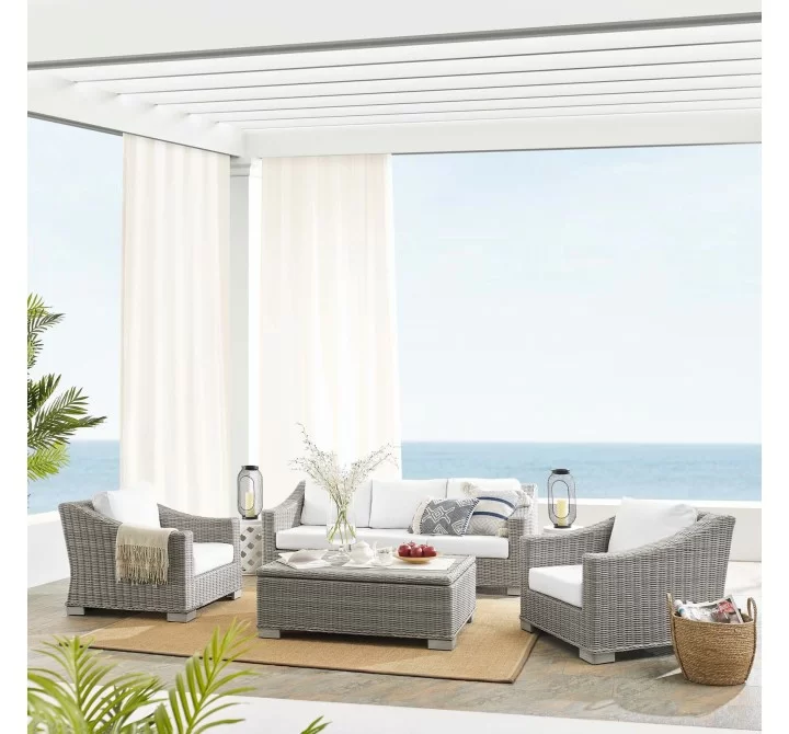 Modway Conway Sunbrella® Outdoor Patio Wicker Rattan 4-Piece Furniture Set - Light Gray White - Lifestyle